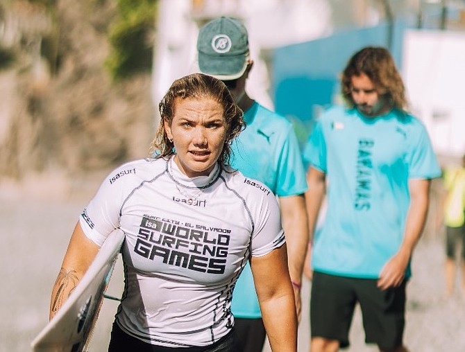 Lily Wagner after her first race at the 2025 ISA World Surfing Games at the El Sunzal, Surf City, El Salvador.