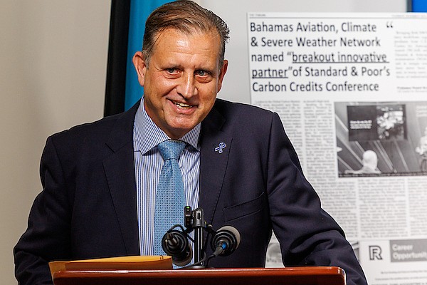 Tribune president and Bahamas Aviation, Climate and Severe Weather Network Ltd (BACSWN) founder Robert Carron speaks during the heads of agreement signing ceremony between the government of The Bahamas and BACSWN at the Office of The Prime Minister on May 7, 2025. Photo: Dante Carrer/Tribune Staff
