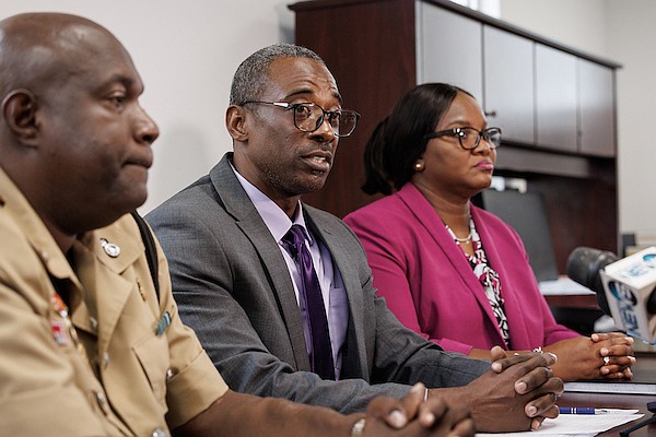 Police Superintendents Leonard Ramsey, Anthony McCartney and Yvette Rolle-Davis during a press conference at the Police Financial Crimes Investigation Branch to address phishing scams on September 9, 2025. Photo: Dante Carrer/Tribune Staff