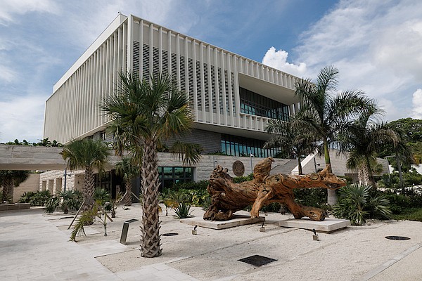 A sculpture titled “Chickcharney Riding a Wild Boar” by Antonius Roberts at the new US Embassy on September 10, 2025. Photo: Dante Carrer/Tribune Staff