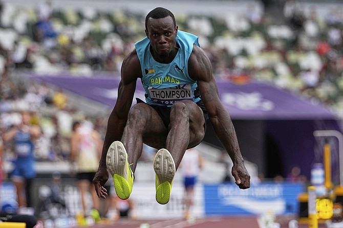 Bahamas' Kendrick Thompson competes in the decathlon long jump at the World Athletics Championships in Tokyo on September 20, 2025. (AP Photo/Ashley Landis)
