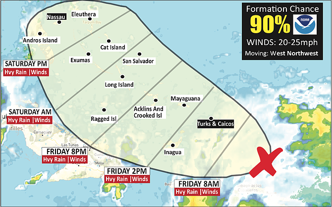 Forecast map showing weather system moving northwestward through The Bahamas over the next several days.