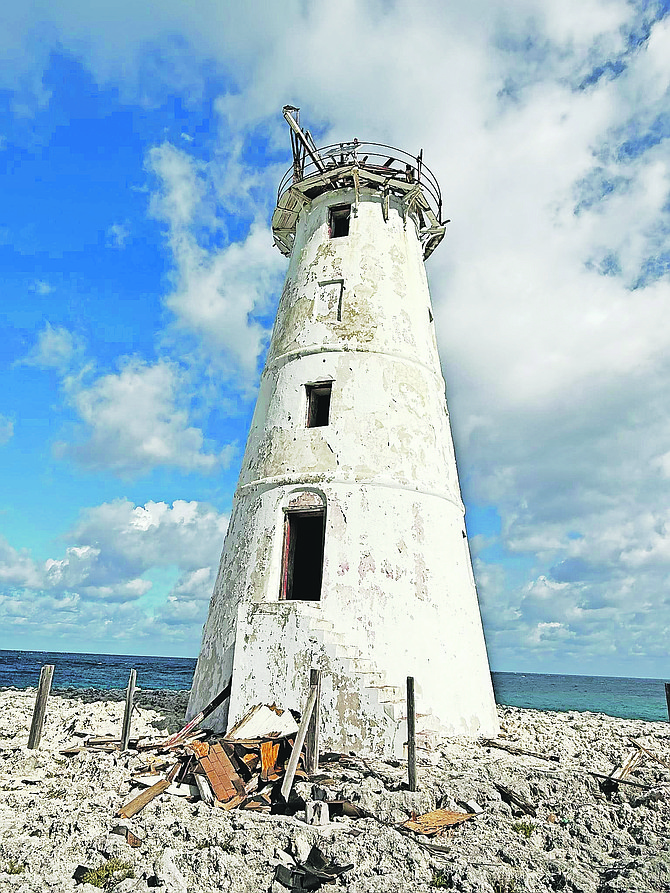 The lighthouse at Paradise Island (formerly Hog Island) received damage to the top portion that houses the light during the passage of Tropical Storm Imelda. Photo: Toby Smith