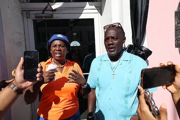 Bahamas Union of Teachers president Belinda Wilson speaks to the press outside the House of Assembly after a protest march on Bay Street yesterday. Photo: Dante Carrer/Tribune Staff