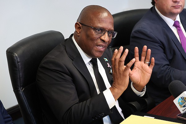 FNM leader Michael Pintard speaks to the press at the office of the Leader of the Opposition on October 8, 2024. Photo: Dante Carrer/Tribune Staff