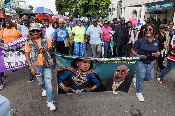 Members and supporters of the Bahamas Union of Teachers (BUT) and the Bahamas Public Services Union (BPSU) lead by BUT president Belinda Wilson and BPSU president Kimsley Ferguson during a protest on Bay Street on October 15, 2025. Photo: Dante Carrer/Tribune Staff