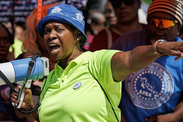 Bahamas Union of Teachers (BUT) president Belinda Wilson speaks during a protest on Bay Street on October 15, 2025. Photo: Dante Carrer/Tribune Staff