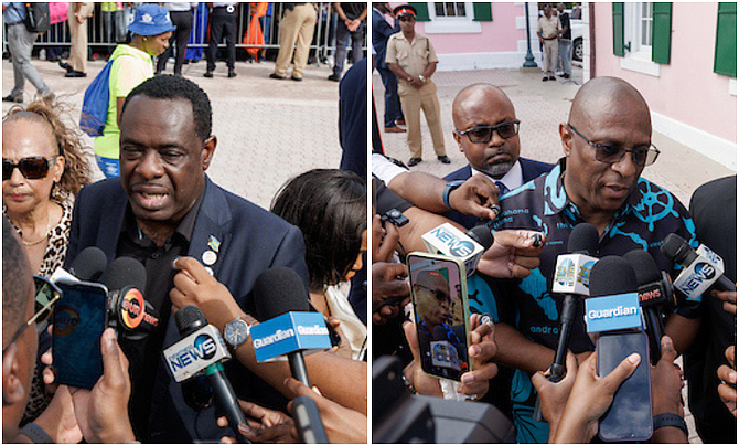COI leader Lincoln Bain (left) and FNM leader Michael Pintard speak to reporters as members and supporters of the Bahamas Union of Teachers (BUT) and the Bahamas Public Services Union (BPSU) protest on Bay Street on October 15, 2025. Photo:s Dante Carrer/Tribune Staff