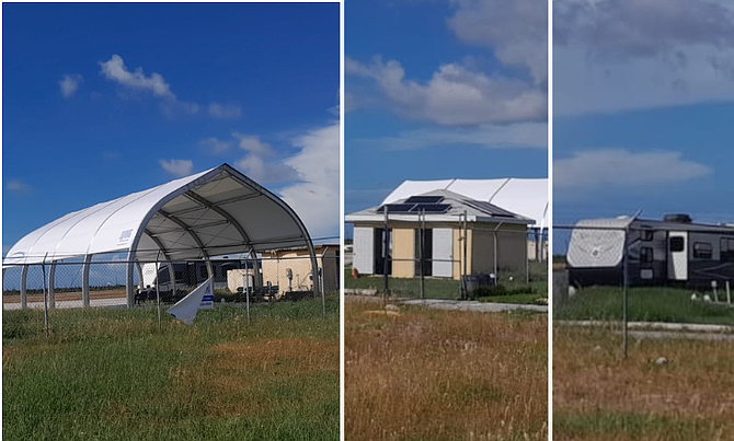 Travelers are held in a plastic shed (left) at the Treasure Cay International Airport with separate bathroom facilities (center) while Customs and Immigration operate from a trailer (right).
