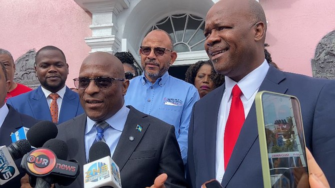 FNM leader Michael Pintard alongside Golden Isles candidate Brian Brown outside the House of Assembly on October 29, 2025.