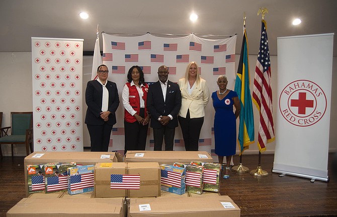 US Chargé d’Affaires Kimberly Furnish, Ambassador Jerusa Léa Dean Ali, Red Cross president Edison Sumner, and other officials at the supply handover ceremony from the US Embassy to The Bahamas in lieu of the recent hurricane that hit the country at the Red Cross Headquaters on November 3, 2025.