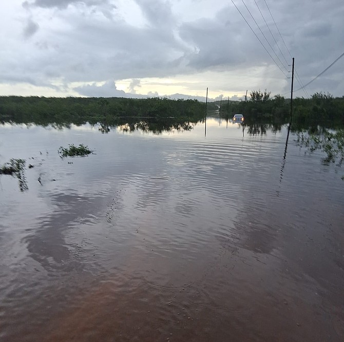 A flooded road seen after heavy rains in Cat Island on November 2, 2025.