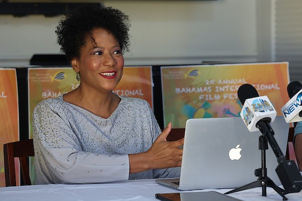 Bahamas International Film Festival (BIFF) founder Leslie Vanderpool speaks during a press conference at John Watling's yesterday. Photo Dante Carrer/Tribune