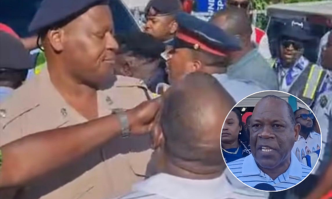 Bahamas Taxi Cab Union president Tyrone Butler (inset) can be seen in a confrontation with a police officer during a protest on November 9, 2025.
