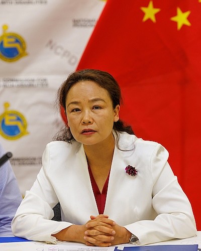 Chinese Ambassador to The Bahamas Yan Jiarong speaks during the ambassador's gift presentation to the National Commission for Persons with Disabilities at the Ministry of Social Services on June 30, 2025. Photo: Dante Carrer/Tribune Staff