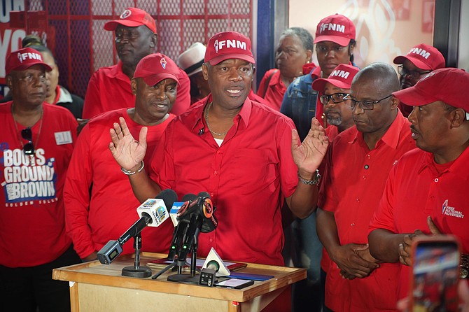 Golden Isles candidate for the FNM Brian Brown speaks to party supporters after the by-election loss on November 24, 2025.  Photo: Nikia Charlton