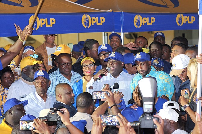 Prime Minister Philip Davis speaks after PLP candidate for Golden Isles secured the unoffical victory in yesterday’s by-election. Photo: Chappell Whyms Jr