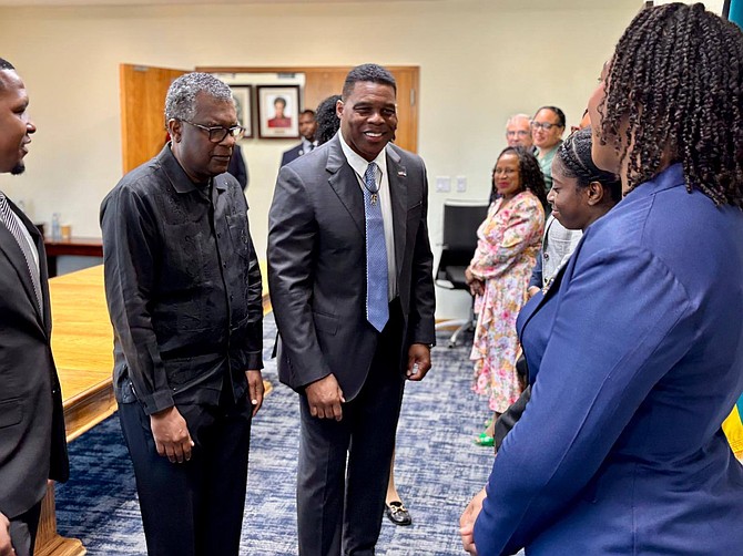US Ambassador to The Bahamas Herschel Walker greets staff during a courtesy meeting ahead of the diplomat’s formal credential presentations. (MOFA)