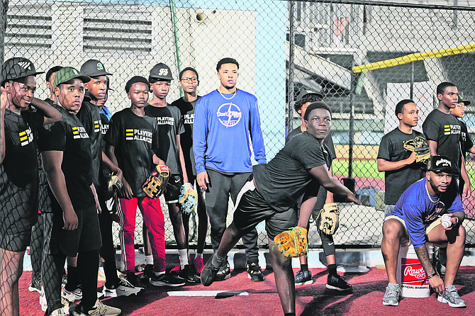 YOUNG, aspiring baseball players participate in the Don’t Blink Youth Clinic yesterday at the Andre Rodgers National Baseball Stadium, officially kicking off four days of events leading into the highly anticipated Don’t Blink Home Run Derby in Paradise on December 13. Photo: Chappell Whyms Jr/Tribune Staff