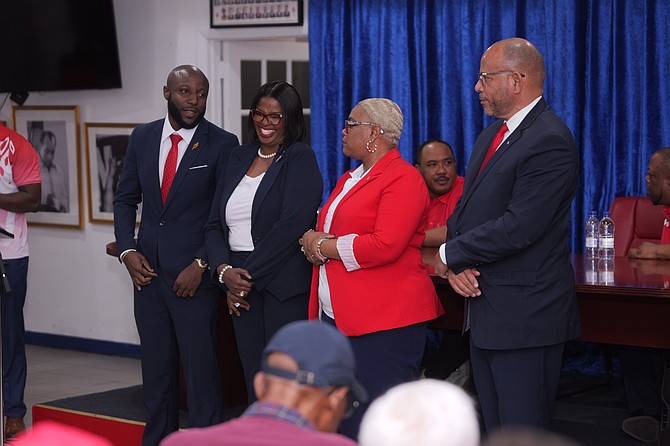 FOUR CANDIDATES ratified by the Free National Movement last night - from left: Denarii Rolle for Pinewood, Frazette Gibson for Central Grand Bahama, Heather Hunt for Elizabeth and Dr Duane Sands for Bamboo Town. Photo: Chappell Whyms Jr
