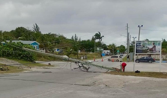 A DOWNED utility pole in Dundas Town caused widespread power outage in Abaco on December 15, 2025.