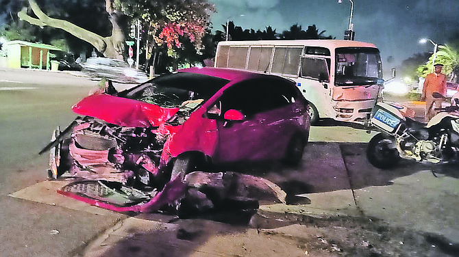 THE DRIVER of a Honda Fit, along with two officers and two inmates, were taken to the hospital after a collision with a prisoner transport bus near the Sir Sidney Poitier Bridge on December 16, 2025. Photo: Keile Campbell