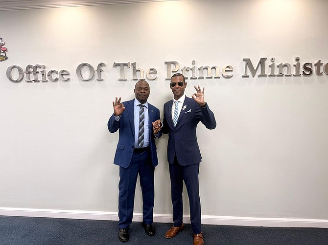 North Eleuthera MP Sylvanus Petty (left) and Harbour Island businessman Joseph John “JJ” Percentie at the Office of the Prime Minister.