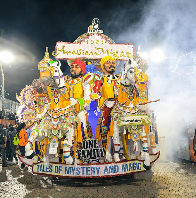 One Family Junkanoo Group performs its theme 1001 Arabian Nights: Tales of Mystery and Magic along Bay Street during the 2025 Boxing Day Junkanoo Parade.