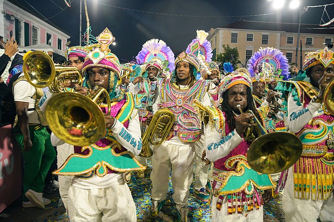 ONE FAMILY Junkanoo Group dancing in Rawson Square during the 2025 Boxing Day Junkanoo Parade. Photo: Shawn Hanna