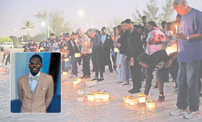 Family and friends set candles adrift at Junkanoo Beach where an emotional memorial for Jayden Pinder (inset) was held on January 3, 2025. Photo: Chappell Whyms Jr