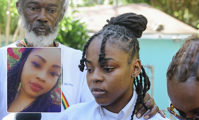 Clanesha Adderley's daughter Shamyah speaks to the media with her grandparents Clay (left) and Vernitta Adderley on January 5, 2026. Photo: Shawn Hanna