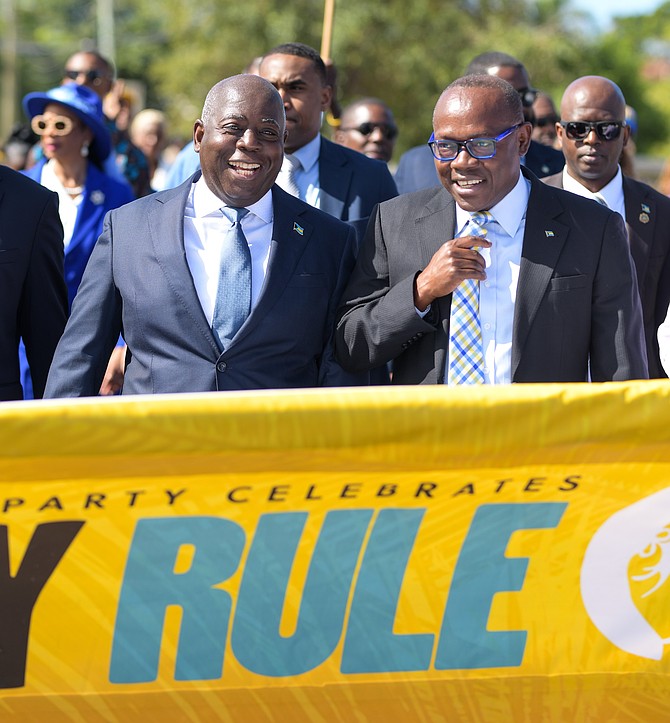 Prime Minister Philip Davis during a march at the Progressive Liberal Party's headquarters during a Majority Rule ceremony on January 12, 2026. Photo: Shawn Hanna