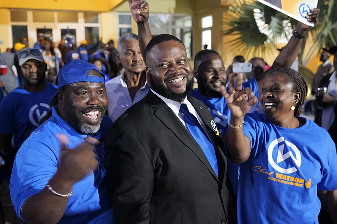 ZNS GM and Southern Shores aspirant Clint Watson with supporters at PLP headquarters after his interview with party officials on January 15, 2026. Photo: Nikia Charlton