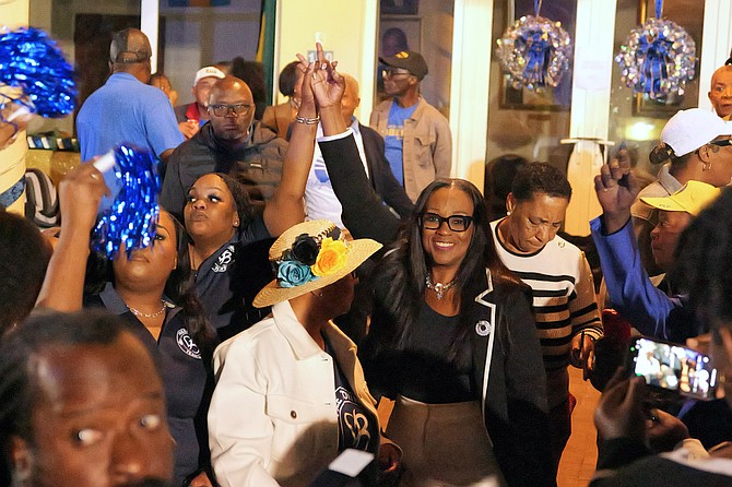 Ormanique Bowe celebrating with supporters at PLP nomination interviews held at the PLP Headquarters on January 20, 2026. Photo: Nikia Charlton