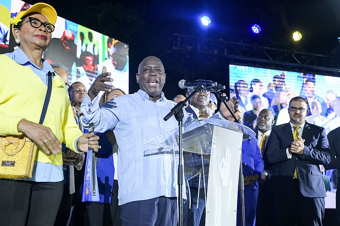 PRIME Minister Philip ‘Brave’ Davis speaks to party supporters at party headquarters. Photo: Shawn Hanna