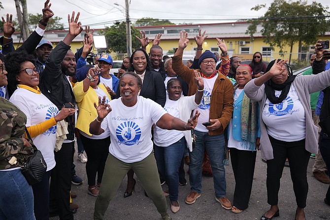 Robyn Lynes celebrating with supporters at PLP nomination interviews held at the PLP Headquarters on January 20, 2026. Photo: Nikia Charlton
