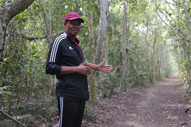 Terry Miller, Executive director of The Bahamas Association for Social Health and founder of Earth Village speaking to press at the Perpall Tract Wellfield forest on January 27, 2026. Photo: Nikia Charlton