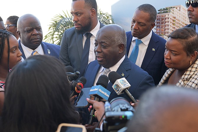 PRIME Minister Philip ‘Brave’ Davis speaks to media at the ground breaking ceremony at Baha Mar on February 12, 2026. Photo: Nikia Charlton