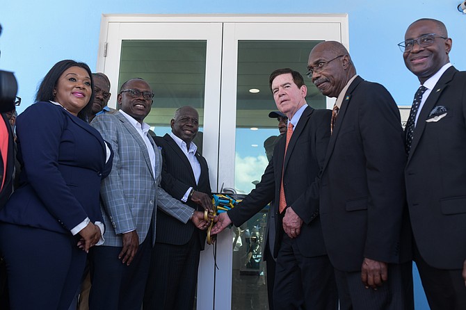 PRIME Minister Philip ‘Brave’ Davis, Deputy Prime Minister Chester Cooper and other govt officials cut the ribbon on the newly built Mayaguana International Airport on February 27, 2026. Photo: Shawn Hanna
