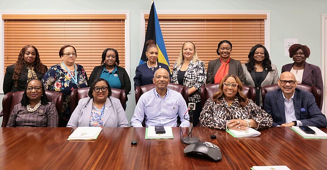 SEATED (from left): Donette WIlliamson, undersecretary, Ministry of Social Services, Information & Broadcasting (MOSSIB); Phedra Rahming-Turnquest, Per-
manent Secretary, MOSSIB; Minister Myles LaRoda, MOSSIB; Dr Marisa Mason-Smith, chair, Protection Against Violence Commission (the Commission); Pastor
Dave Burrows, deputy chair, the Commission. Standing: Sheryl Forbes, Women’s Desk, Dept of Gender & Family Affairs (DGFA); Vechenda Roberts, education &
training officer, DGFA; Markayla Major, office assistant, DGFA; Desiree Clarke, National Council for Persons With Disabilities, commission member; Jewel Major,
Office of the Attorney General, commission member; Sharmie Farrington, DGFA director; Rev Roslyn Astwood, Bahamas Christian Council, commission member;
Portia Sands, deputy director of Culture, commission member.
