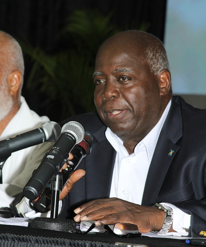 PRIME Minister Philip ‘Brave’ Davis speaks concerning the arbitration over GBPA during a forum in GB on March 9, 2026. Photo: Vandyke Hepburn