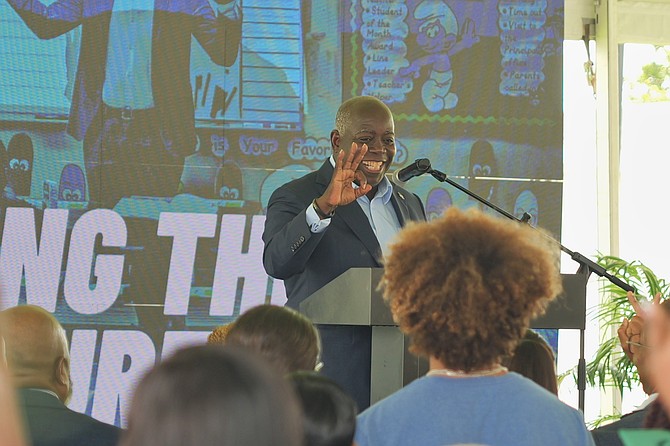 Prime Minister Philip Davis speaks at the opening of the Fort Charlotte Technology, Arts and Culture Centre on March 12, 2026. Photo: Nikia Charlton