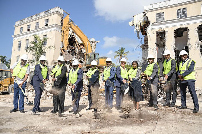 PRIME MINISTER Philip ‘Brave’ Davis, Deputy Prime Minister Chester Cooper, Attorney General Ryan Pinder, Chief Justice Ian Winder, along with the contractor and other govt officials at the ground breaking for a new Judicial Complex on East Hill Street on March 31, 2026. Photo: Shawn Hanna