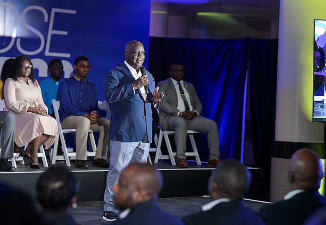 Prime Minister Philip Davis speaks at the Progressive Liberal Party's campaign launch "Blueprint for Progress" at the University of The Bahamas on April 8, 2026. Photo: Shawn Hanna