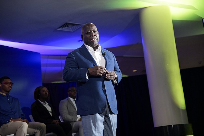 Prime Minister Philip Davis speaks at the Progressive Liberal Party's campaign launch "Blueprint for Progress" at the University of The Bahamas on April 8, 2026. Photo: Shawn Hanna