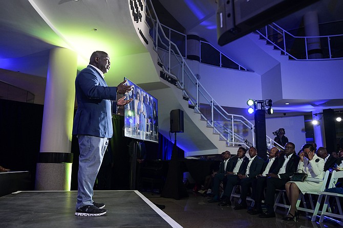 Prime Minister Philip Davis speaks at the Progressive Liberal Party's campaign launch "Blueprint for Progress" at the University of The Bahamas on April 8, 2026. Photo: Shawn Hanna