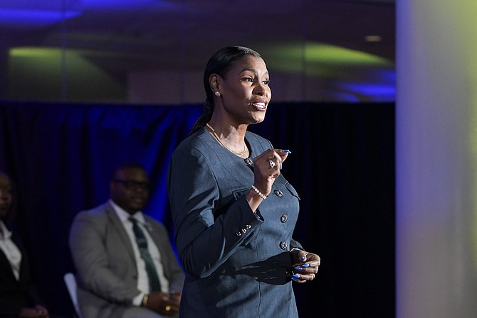 Pia Glover-Rolle speaks at the Progressive Liberal Party's campaign launch "Blueprint for Progress" at the University of The Bahamas on April 8, 2026. Photo: Shawn Hanna