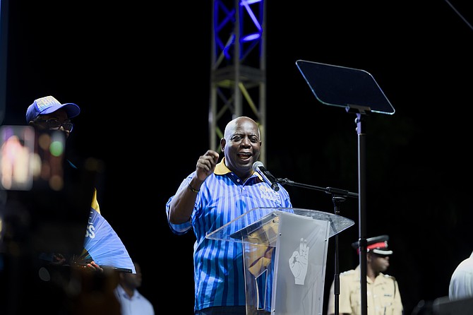 PRIME MINISTER Philip ‘Brave’ Davis speaks to rally-goers as the party holds its first rally after announcing the general election for May 12, on April 11, 2026.  Photos: Chappell Whyms Jr