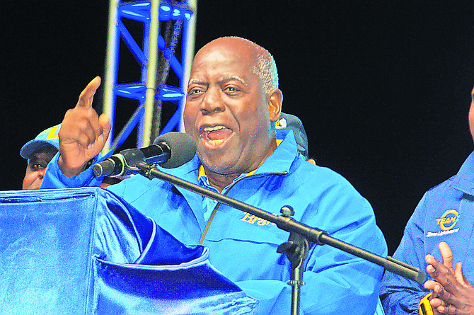 PRIME Minister Philip ‘Brave’ Davis speaks during a rally in West End, Grand Bahama last night. Photo: Vandyke Hepburn