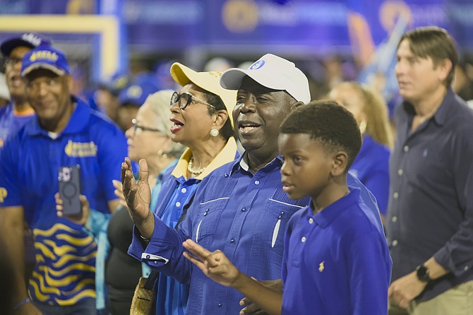 Prime Minister Philip Davis during a mass rally at the National Beach Soccer Stadium at the foot of Sir Sidney Poitier Bridge on April 20, 2026. Photo: Chappell Whyms Jr